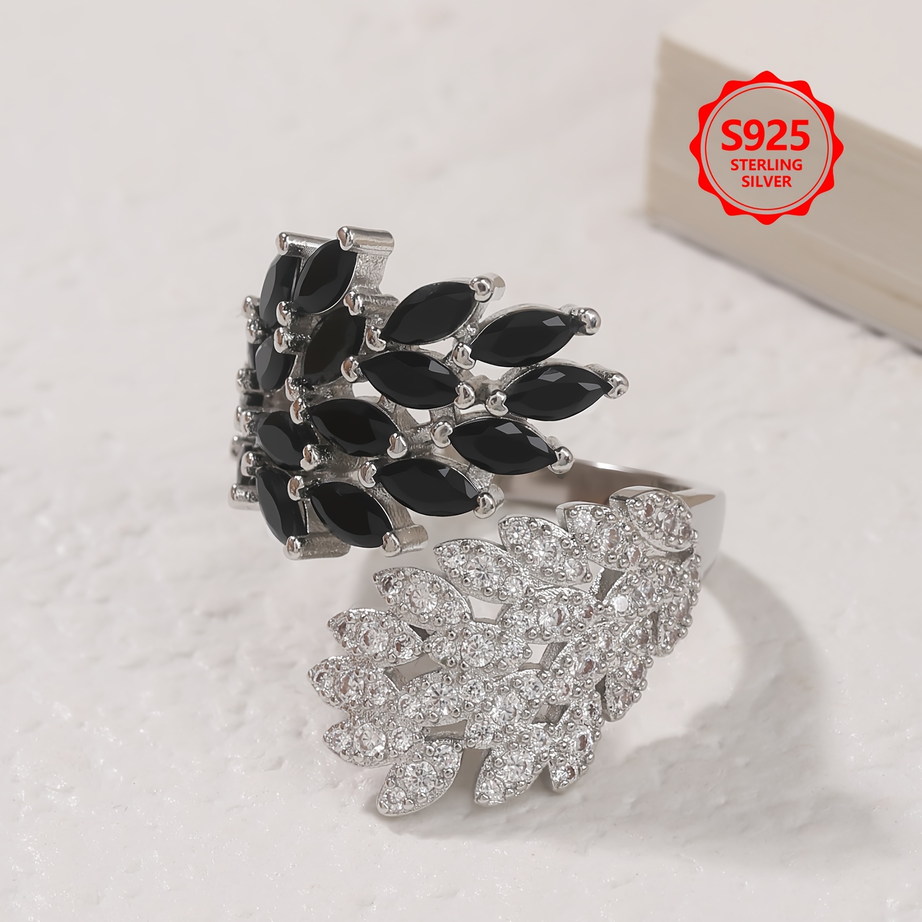925 Sterling Silver Wing Open Ring with Black & White Zirconia